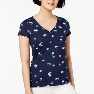 Maison Jules Blue  V Neck‎ Short Sleeves Palm Print Tee Shirt Top